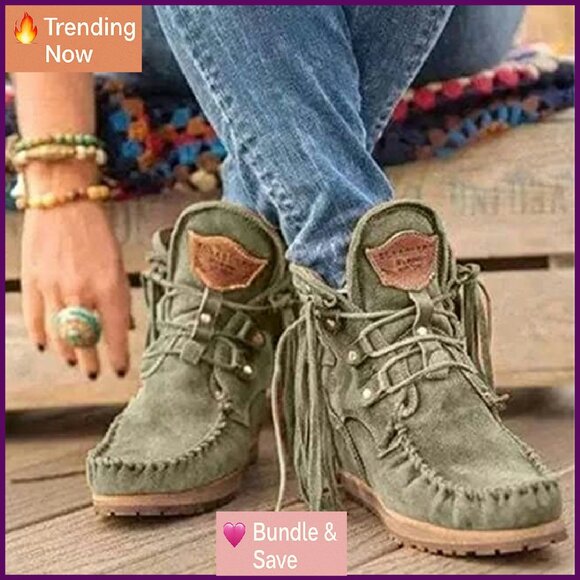 Vintage Fringed Ankle Boots, Lightweight Suede, Round Toe, 3cm Heel - Picture 7 of 8